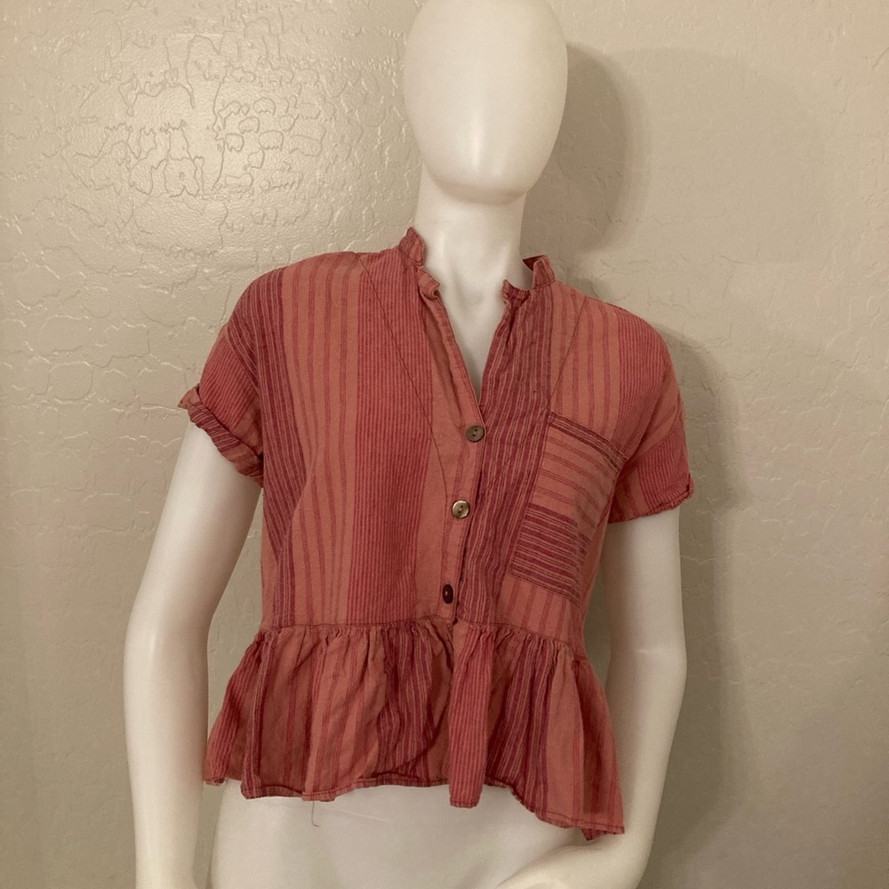 Free People Peplum Striped Linen Coral Fly Free Button Down Top XS